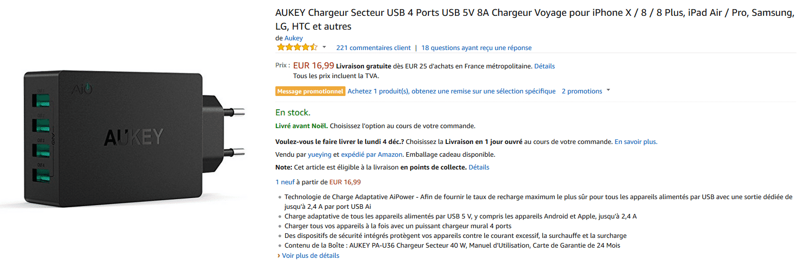 amazon chargeur 4 ports aukey